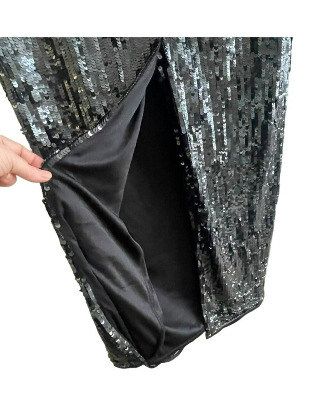 Mac Duggal Size 10 Emerald Rhinestone Necklace Black Sequin LS Maxi Gown Dress N - Picture 9 of 13